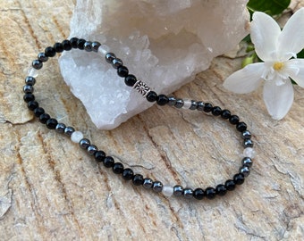 Black Tourmaline, Selenite & Hematite Anklet or Bracelet| Natural Gemstone | Triple Protection |Calming | Deflect Negativity | Grounding