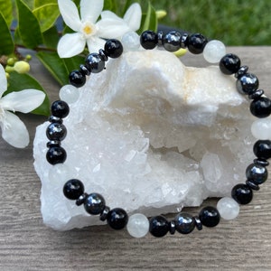 Black Tourmaline, Selenite & Hematite Bracelet | Natural Gemstone | Triple Protection | Purify | Calming | Deflect Negativity | Grounding