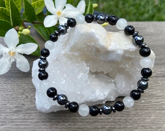 Black Tourmaline, Selenite & Hematite Bracelet | Natural Gemstone | Triple Protection | Purify | Calming | Deflect Negativity | Grounding