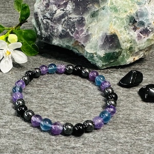 Empath Protection Black Turmaline, Blue Fluorite, Amethyst, and Hematite Bracelet | Grounding, Calming, Protective, Spiritual Awareness
