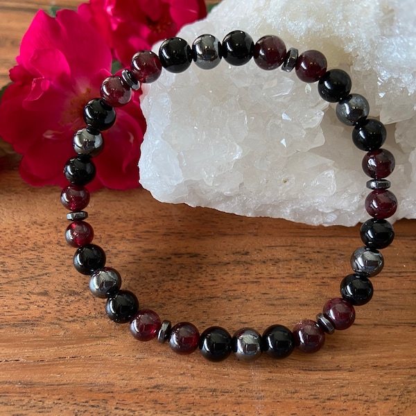 Genuine Grade AA Garnet, Onyx and Hematite Bracelet | Balance | Confidence | Purify Negative Energy| Good Fortune| Love