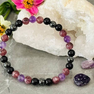 Stress and Anxiety Release, Calming, Emotional Healing, Purifies, and Protects. Black Turmaline, Amethyst, Lepidolite, and Hematite Bracelet