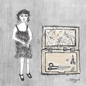 May include: A black and white drawing of a woman in a dress standing in front of a closed wooden box. The box has a small window with a scribbled design inside. The box is open and contains two pairs of scissors, a button, and a small piece of paper. The drawing is signed "C. FinFrock '20".