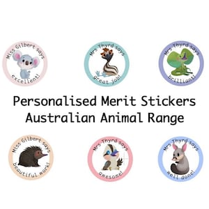 40 Personalised Merit Stickers, Teacher Reward/appreciation Stickers - Australian Animal Collection