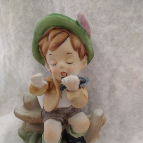 VINTAGE Rare - Davar? Made In Japan Hummel LIKE Boy Sitting on Fence Playing the Flute - 5" No Box - H0135 **DAMAGED**