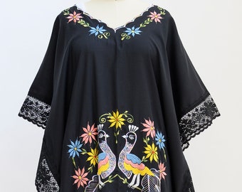 Exceptional vintage peacock caftan in rare black with embroidered peacocks. BOHO chic beach party. Pool Party. Festivals. Palm Royale.