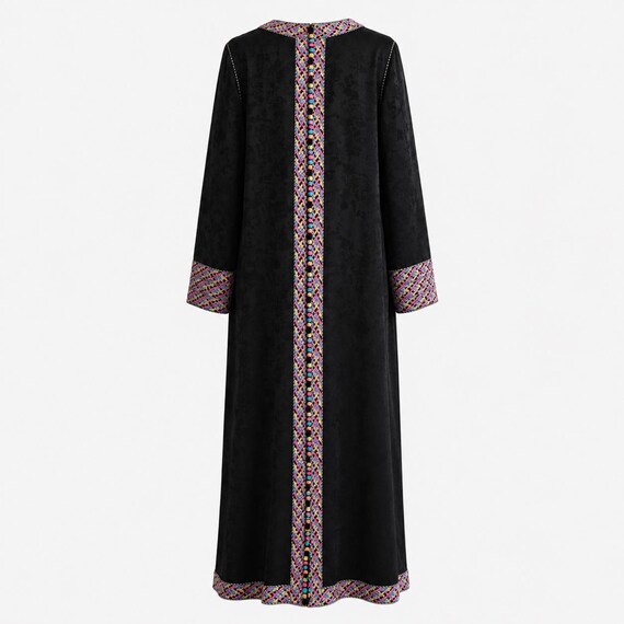 1970s Maxi Caftan Dress | Multicolor Braided Trim on Black Satin Fabric | Size Medium - Large