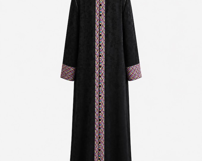 1970s Maxi Caftan Dress | Multicolor Braided Trim on Black Satin Fabric | Size Medium - Large