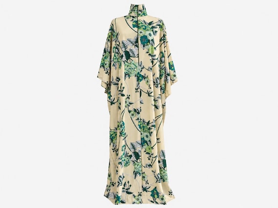 1970s Maxi Caftan Dress with Full Sweep | Tropical Green and Beige Print | Size Large to Extra-large