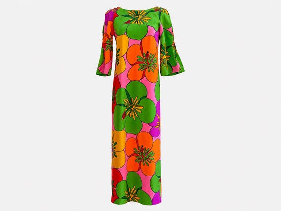 1970s Sears Hawaiian Fashions Maxi Dress | Psychadelic Hibiscus Print | Will Fit Small and Medium