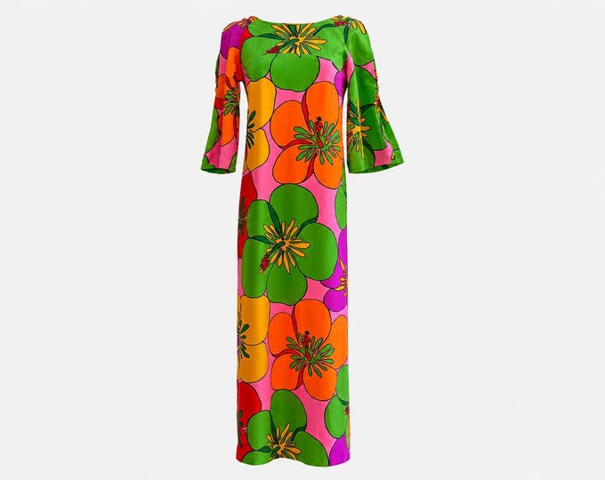 1970s Sears Hawaiian Fashions Maxi Dress | Psychadelic Hibiscus Print | Will Fit Small and Medium