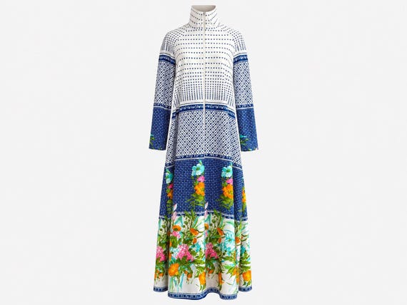 1970s Butterfield 8 Maxi Dress | Blue and White Floral with Bright Details | Size Medium