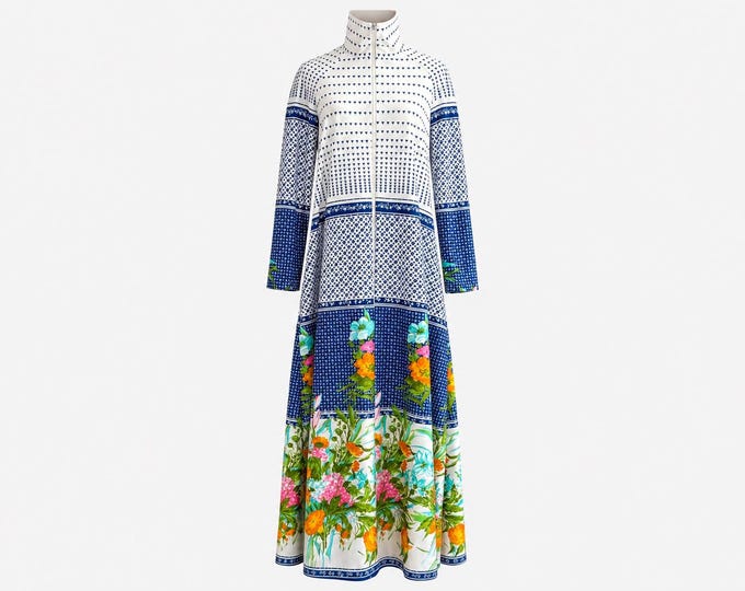 1970s Butterfield 8 Maxi Dress | Blue and White Floral with Bright Details | Size Medium