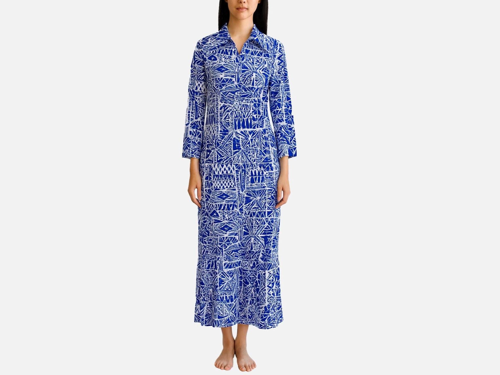 1970S Hawaiian Maxi Dress Blue Tropical Tiki Print, Vintage Hawaii Nei Honolulu