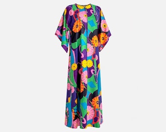 1960s Handmade Cotton Maxi Dress with Angel Sleeves | Psychedelic Floral Print | Will Fit Small/medium