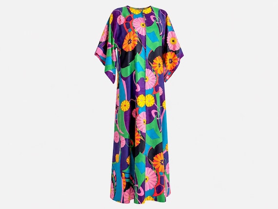 1960s Handmade Cotton Maxi Dress with Angel Sleeves | Psychedelic Floral Print | Will Fit Small/medium