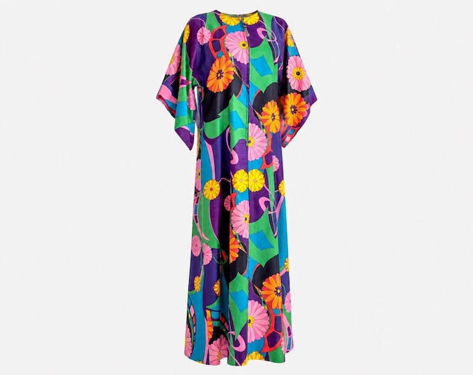 1960s Handmade Cotton Maxi Dress with Angel Sleeves | Psychedelic Floral Print | Will Fit Small/medium