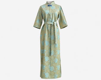1960s Archival Syled by Tyrone Cheongsam Maxi Gown | Gold and Green Brocade with Frog Toggle | Size Medium
