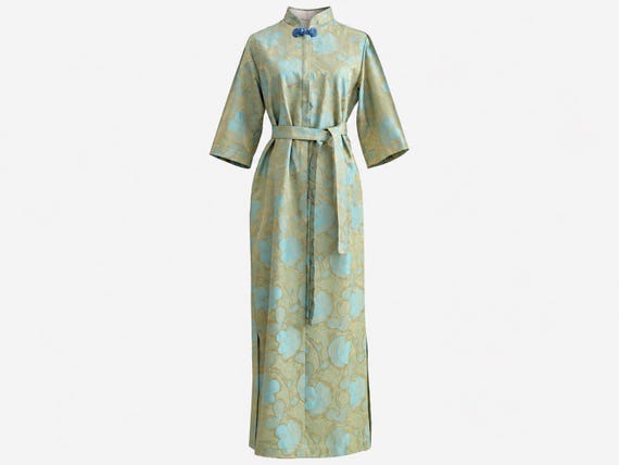 1960s Archival Syled by Tyrone Cheongsam Maxi Gown | Gold and Green Brocade with Frog Toggle | Size Medium