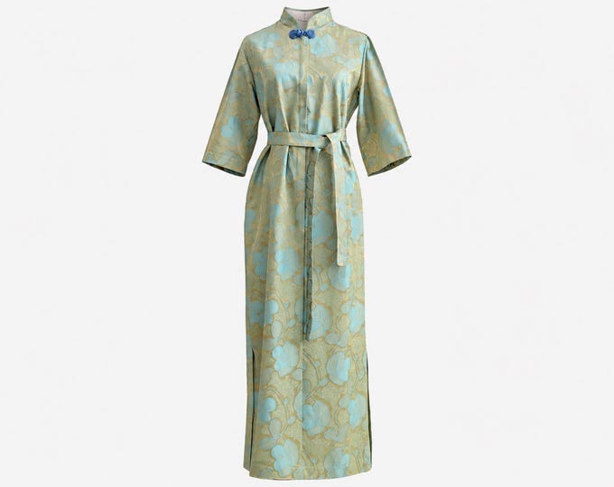 1960s Archival Syled by Tyrone Cheongsam Maxi Gown | Gold and Green Brocade with Frog Toggle | Size Medium