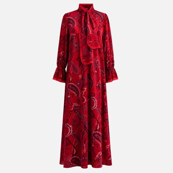 1980s Keyloun House Maxi Dress | Dark Pink Paisley Fleece Fabric | Size Petite