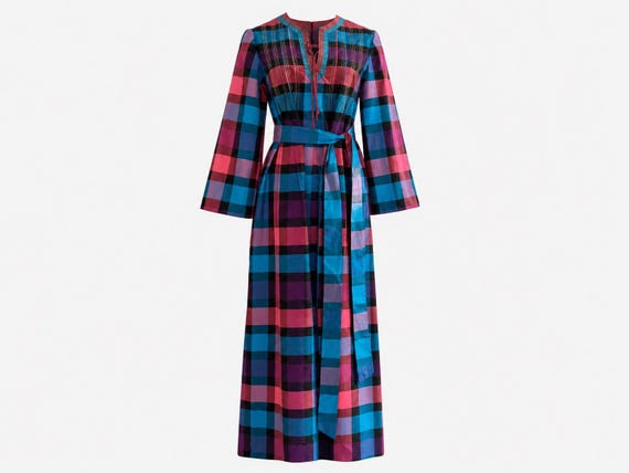 1960s Star of Siam Jeanoel Hazo Maxi Dress | Plaid Print Silk Shantung | Vintage Size 8 (Modern Size 6)