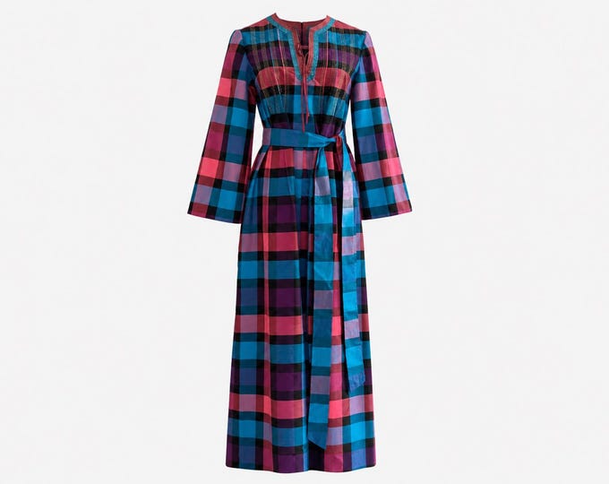 1960s Star of Siam Jeanoel Hazo Maxi Dress | Plaid Print Silk Shantung | Vintage Size 8 (Modern Size 6)