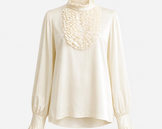 1970s Tuxedo Blouse | Ivory Satin with Pearl Buttons | Size Medium