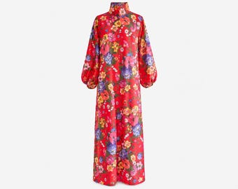 1970s Tiffany Loungewear Maxi Dress | Red Floral | Will Fit Medium to Extra-large
