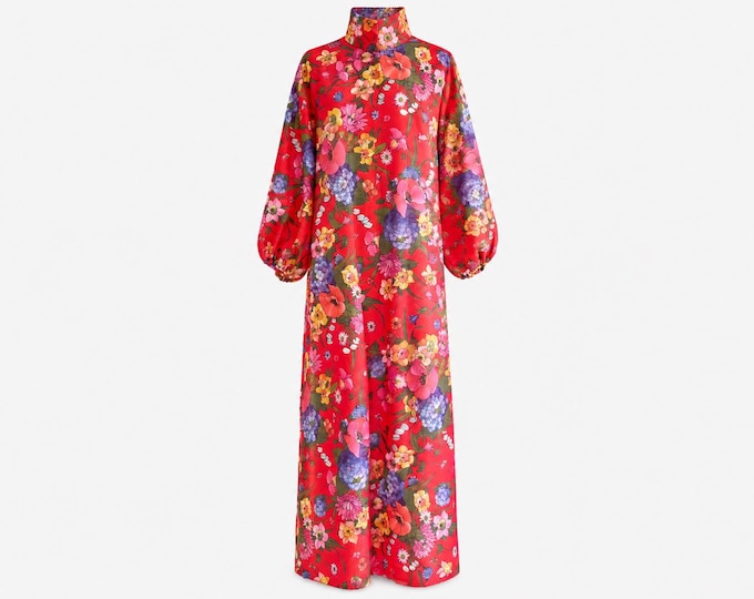 1970s Tiffany Loungewear Maxi Dress | Red Floral | Will Fit Medium to Extra-large