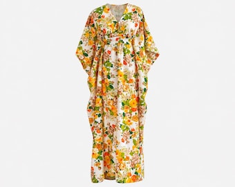 1970s Handmade Barkcloth Caftan Maxi Dress | Floral Hawaiian Beachwear | OSFA