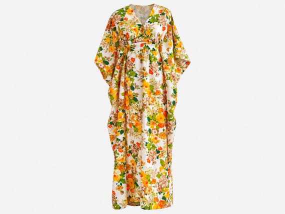 1970s Handmade Barkcloth Caftan Maxi Dress | Floral Hawaiian Beachwear | OSFA
