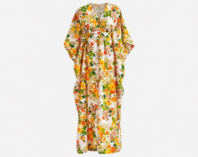1970s Handmade Barkcloth Caftan Maxi Dress | Floral Hawaiian Beachwear | OSFA