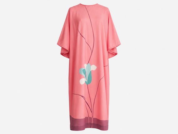 1970s David Brown for Lord & Taylor Maxi Caftan Dress | Pink Floral Fabric | Size Extra-large