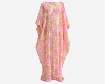 1960s Floral Chiffon Caftan | Pink and Green Hostess Gown | OSFM