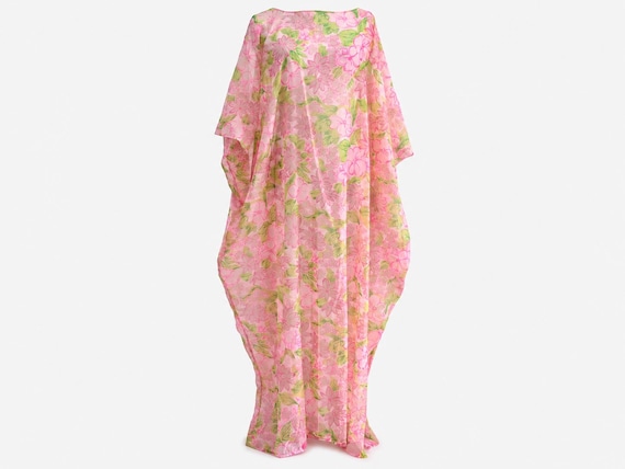 1960s Floral Chiffon Caftan | Pink and Green Hostess Gown | OSFM