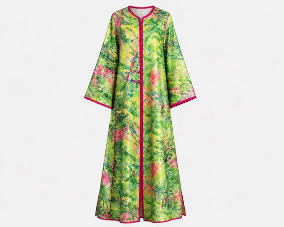 Vintage Museum Quality Silk Caftan Maxi Dress | Psychedelic Floral Botanical Print | Will Fit Large and Extra-large