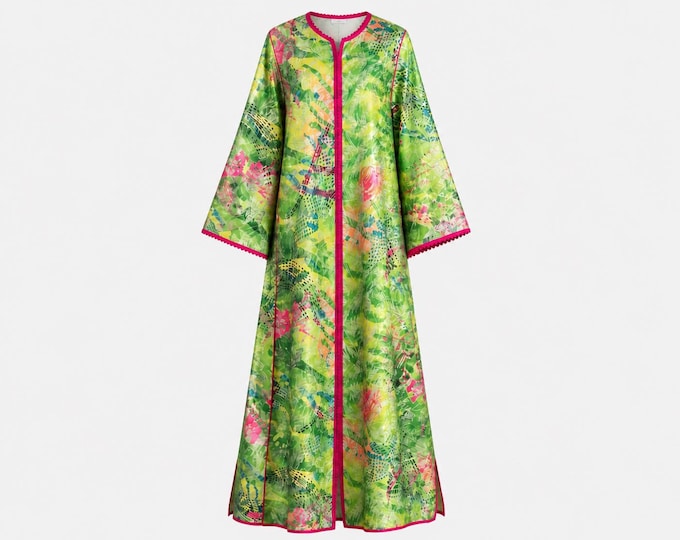 Vintage Museum Quality Silk Caftan Maxi Dress | Psychedelic Floral Botanical Print | Will Fit Large and Extra-large