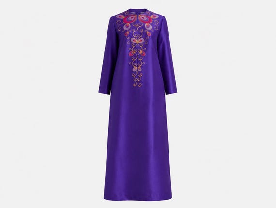 1970s Tori Richard Honolulu Purple Maxi Dress | Heavy Metallic Embroidery | Size 6