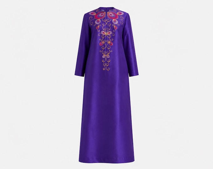 1970s Tori Richard Honolulu Purple Maxi Dress | Heavy Metallic Embroidery | Size 6