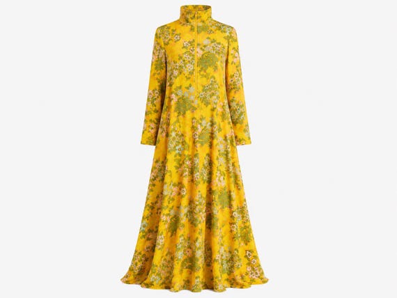 1970s Le Voys Maxi Dress | Yellow Floral Fabric | Will Fit Size Medium-large