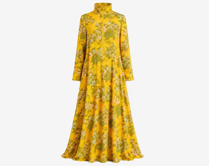1970s Le Voys Maxi Dress | Yellow Floral Fabric | Will Fit Size Medium-large