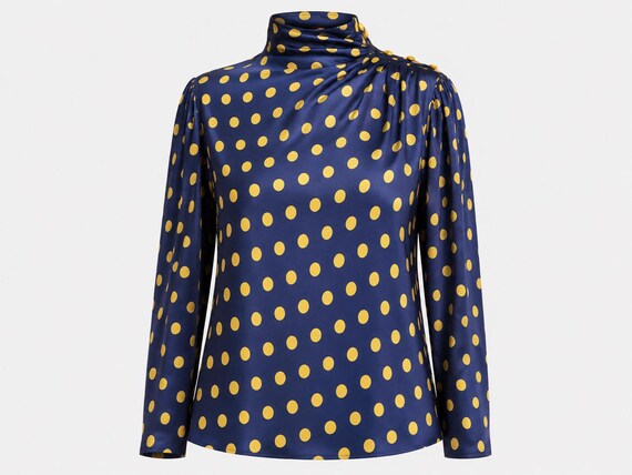1980s Emanuel Ungaro Silk Polka Dot Blouse | Navy and Gold with Shoulder Button Detail | Pleated Neck Detail