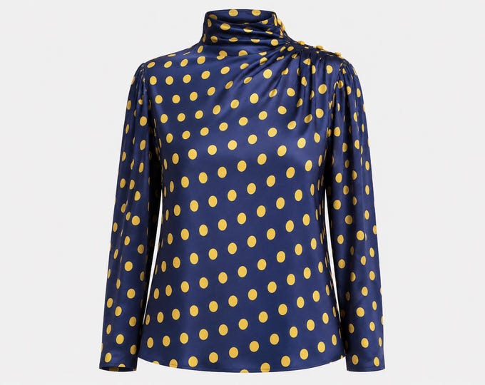 1980s Emanuel Ungaro Silk Polka Dot Blouse | Navy and Gold with Shoulder Button Detail | Pleated Neck Detail