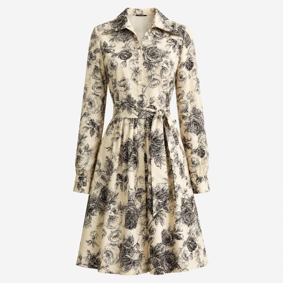 1970s Toile Print Shirt Dress | Cream and Brown Belted Shirt Dress | Size Small