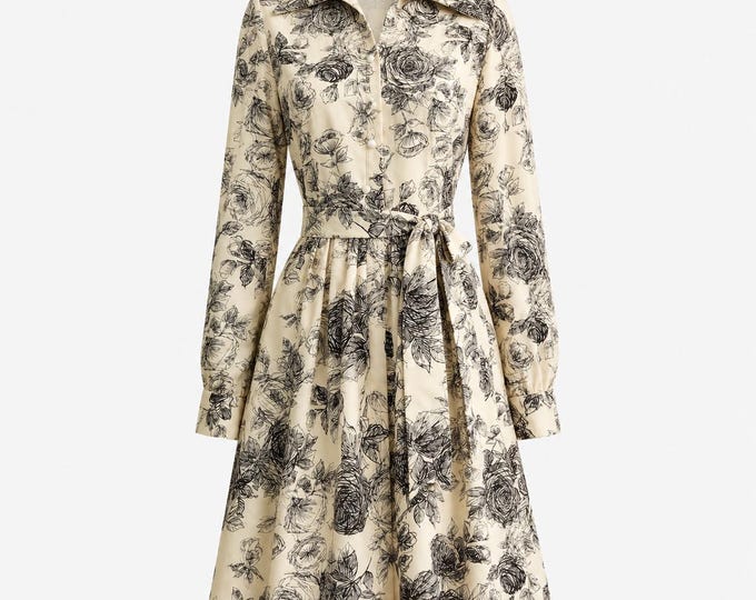 1970s Toile Print Shirt Dress | Cream and Brown Belted Shirt Dress | Size Small
