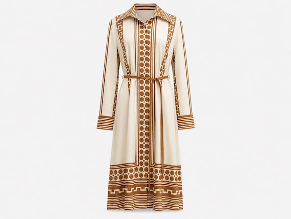 1970s Alfred Shaheen Brown and White Printed Dress | Dagger Collar | Will Fit Large