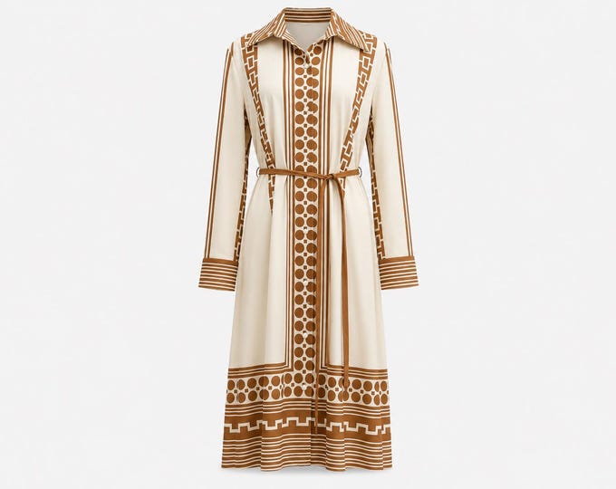 1970s Alfred Shaheen Brown and White Printed Dress | Dagger Collar | Will Fit Large