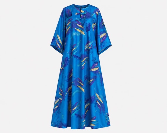 1970s Sears Hawaii Maxi Dress | Blue Tropical Floral Print | Size Medium