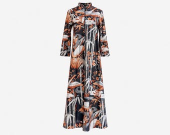 1970s David Brown California Rare Maxi Dress | Bamboo and Bird Print | Size Petite